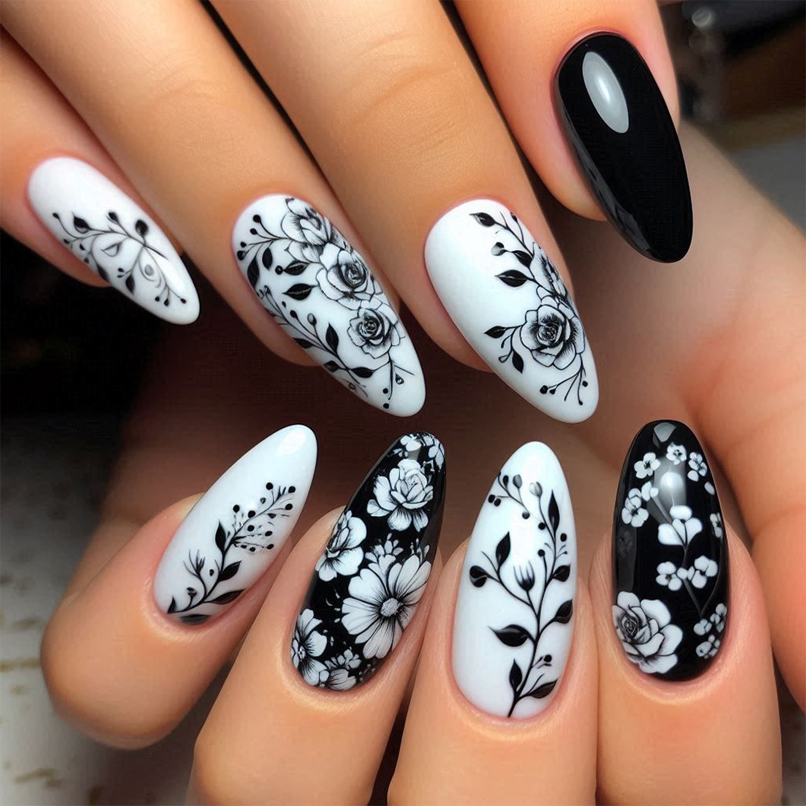 24Pcs Almond Fake Nails Black/ - Pressed Flower Art recensie en prijs