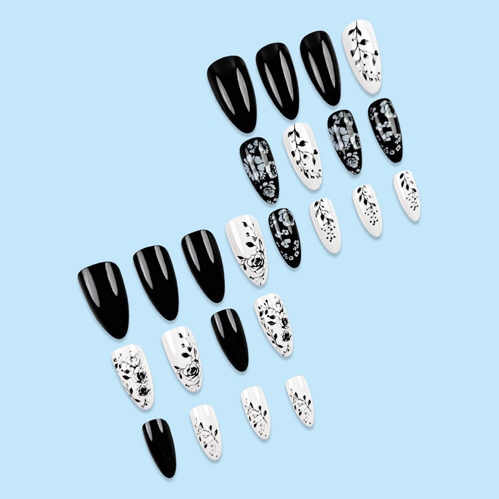 24Pcs Almond Fake Nails Black/ - Pressed Flower Art recensie en prijs