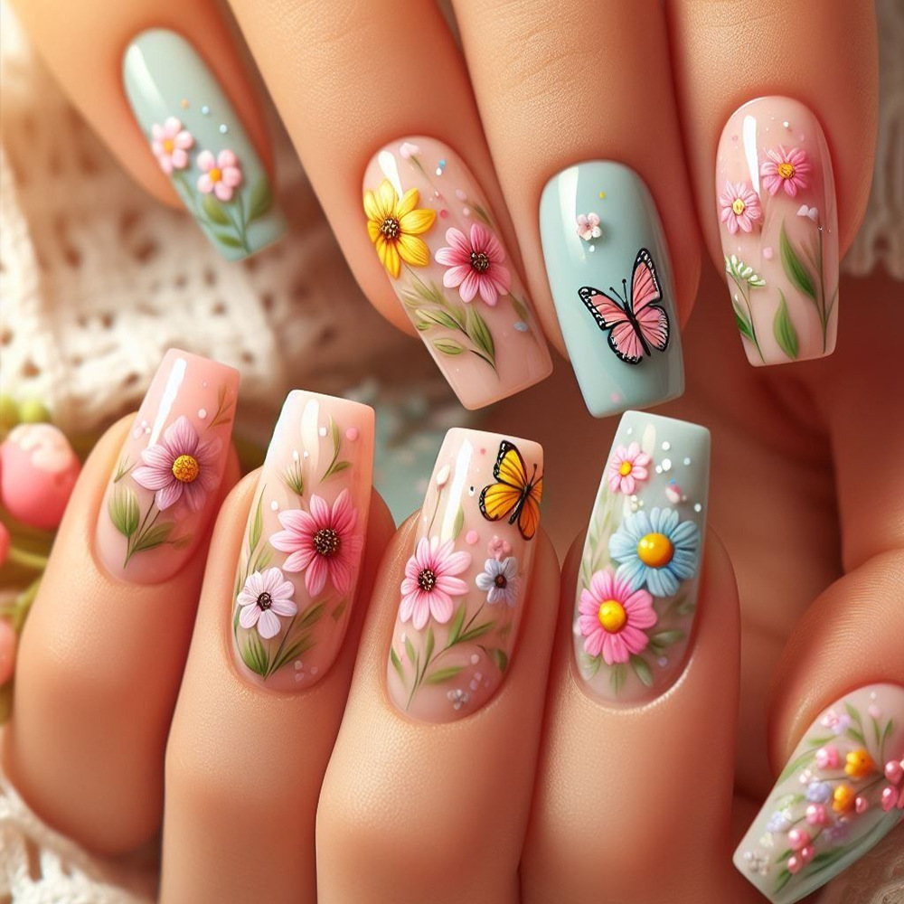 Medium long fake nails gradien - Pressed Flower Art recensie en prijs